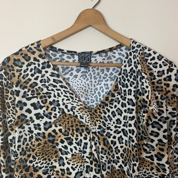 [Clara Sun Woo] Animal Print Long Sleeve V-neck Ruffle Top - Picture 2 of 7